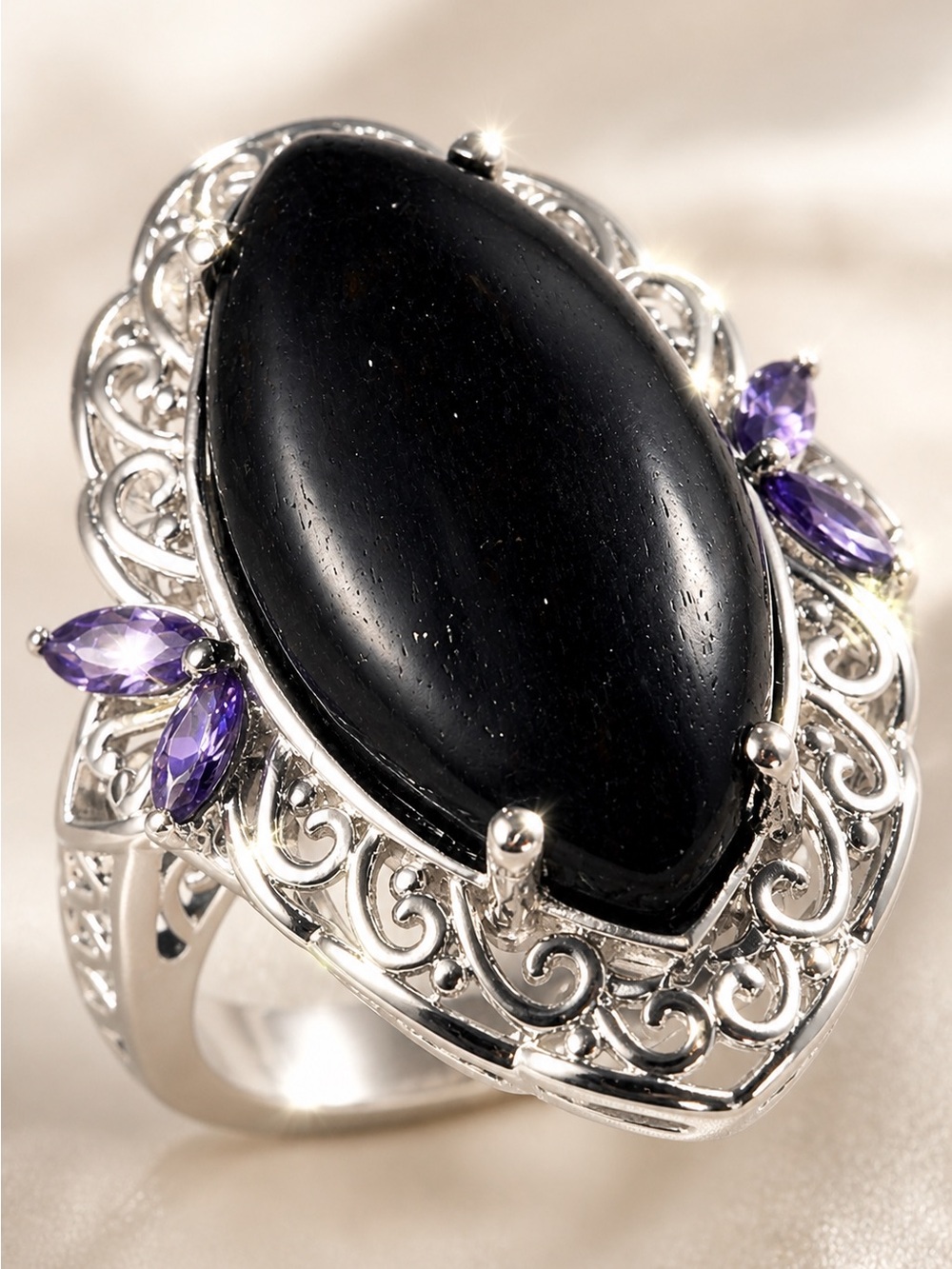 Blue Aventurine w/ Purple CZ Accents Sterling Silver Platinum Overlay Ring